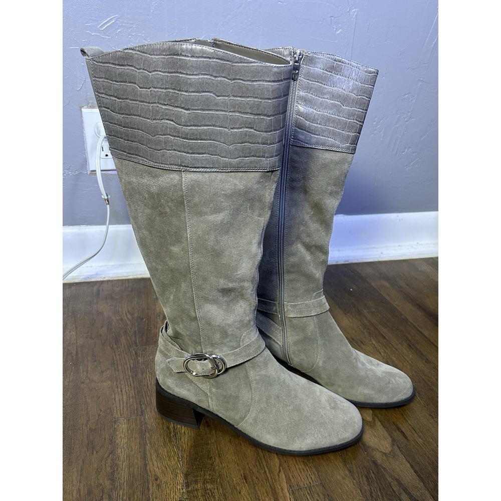 Marc Fisher Hailin gray suede boots Croc Embossed Cuff 9.5 Knee High Riding 9.5